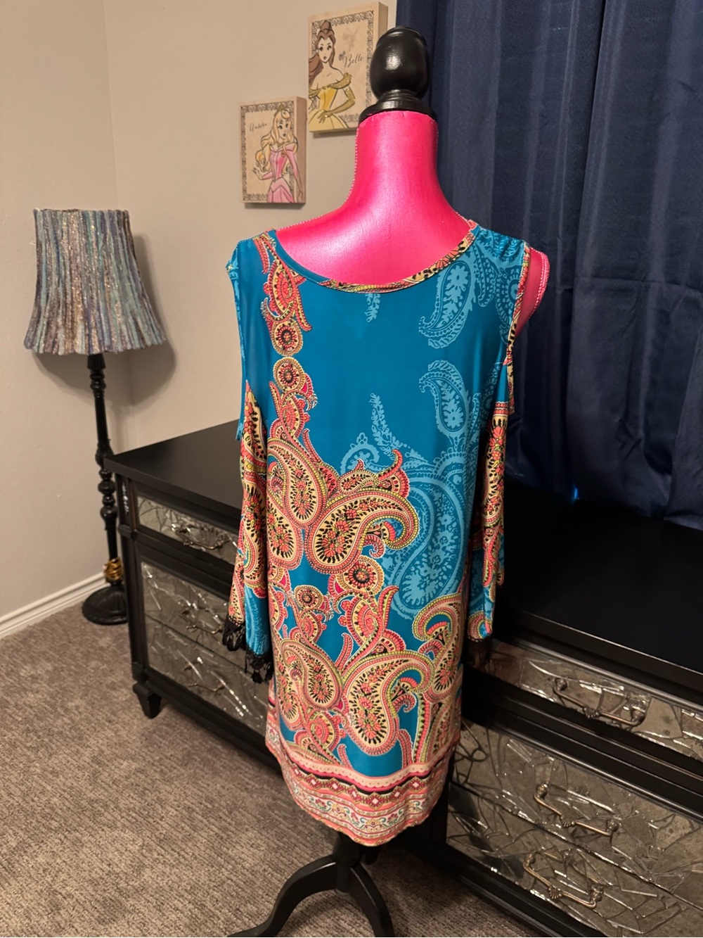 Turquoise Paisley Cold-Shoulder Shift Dress